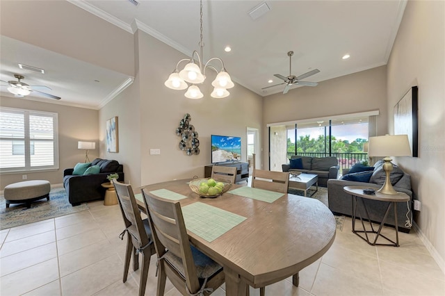 13710 Messina Loop Unit 201, Bradenton, FL 34211 - dining area with a ceiling fan, light tile patterned flooring, baseboards, crown molding, and recessed lighting