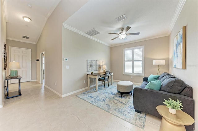 13710 Messina Loop Unit 201, Bradenton, FL 34211 - living area with a ceiling fan, crown molding, baseboards, and light tile patterned floors