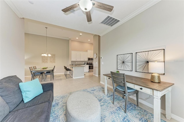 13710 Messina Loop Unit 201, Bradenton, FL 34211 - office space with a ceiling fan, baseboards, crown molding, a chandelier, and light tile patterned floors
