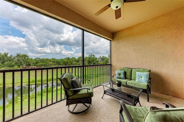 13710 Messina Loop Unit 201, Bradenton, FL 34211 - sunroom with a ceiling fan, a water view, and outdoor lounge area