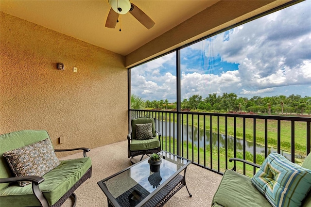 13710 Messina Loop Unit 201, Bradenton, FL 34211 - sunroom with a water view, ceiling fan, and an outdoor living space