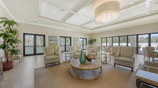 1465 Gulf Of Mexico Dr Unit 502, Longboat Key, FL 34228 - lobby featuring coffered ceiling, beam ceiling, a water view, recessed lighting, and a high ceiling