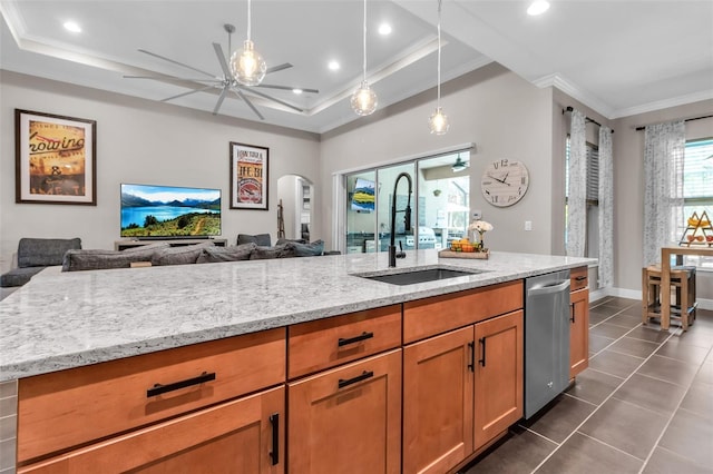 932 Mangrove Edge Ct, Bradenton, FL 34208 - kitchen featuring dishwasher, a sink, a ceiling fan, open floor plan, and ornamental molding
