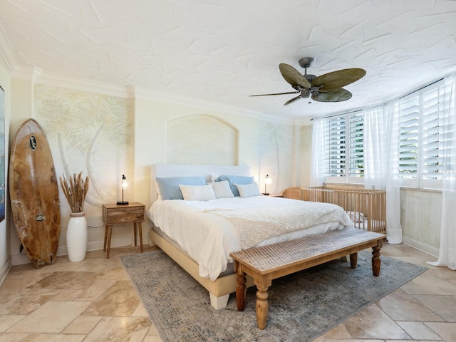 5880 Midnight Pass Rd Unit 207, Sarasota, FL 34242 - bedroom with a ceiling fan, crown molding, light stone finish floors, and baseboards