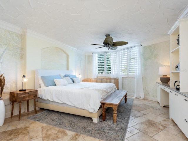 5880 Midnight Pass Rd Unit 207, Sarasota, FL 34242 - bedroom featuring stone tile flooring, ornamental molding, and a ceiling fan