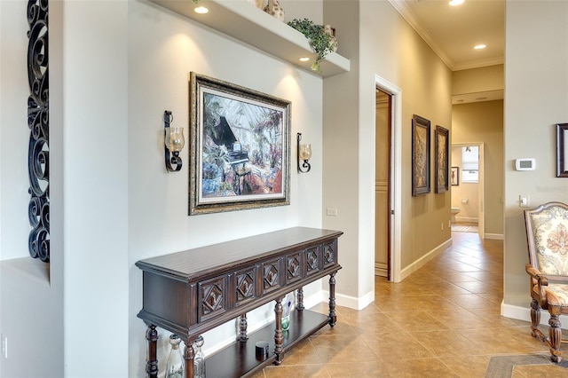 2901 Little Country Rd, Parrish, FL 34219 - hall with ornamental molding, light tile patterned flooring, recessed lighting, and baseboards