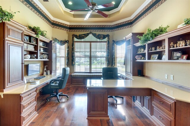 2901 Little Country Rd, Parrish, FL 34219 - office with built in desk, ornamental molding, dark wood finished floors, ceiling fan, and a towering ceiling