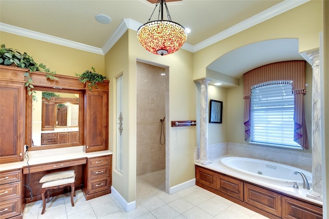 2901 Little Country Rd, Parrish, FL 34219 - full bathroom featuring a jetted tub, tile patterned flooring, ornate columns, ornamental molding, and a walk in shower