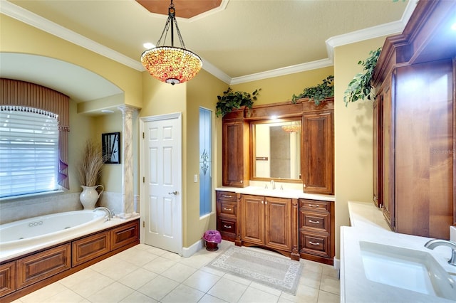 2901 Little Country Rd, Parrish, FL 34219 - bathroom featuring vanity, ornate columns, a jetted tub, tile patterned floors, and crown molding