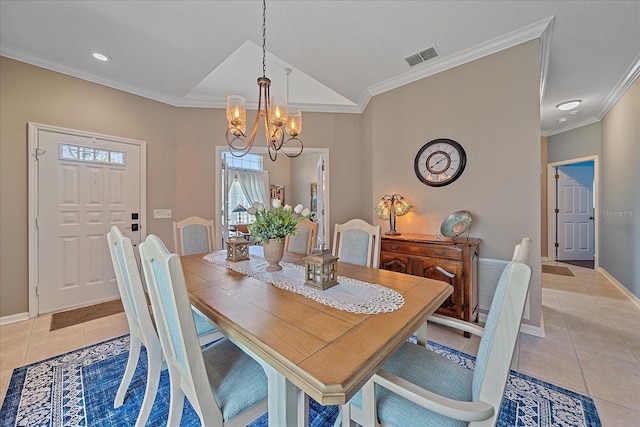 12322 Tall Pines Way, Lakewood Ranch, FL 34202 - dining room with light tile patterned floors, crown molding, a chandelier, baseboards, and recessed lighting