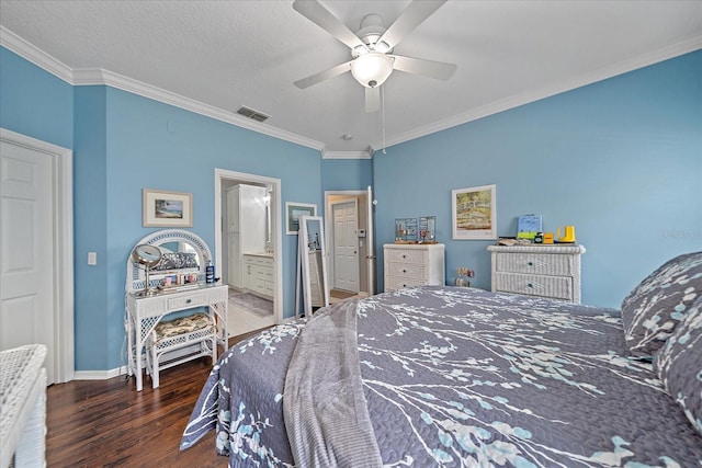 12322 Tall Pines Way, Lakewood Ranch, FL 34202 - bedroom with wood finished floors, ornamental molding, baseboards, and a ceiling fan