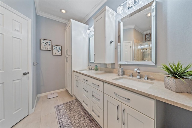 12322 Tall Pines Way, Lakewood Ranch, FL 34202 - full bath featuring ornamental molding, double vanity, a tile shower, tile patterned flooring, and baseboards