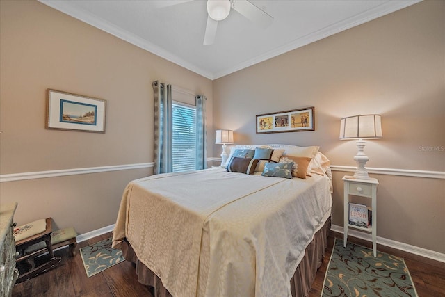 12322 Tall Pines Way, Lakewood Ranch, FL 34202 - bedroom featuring baseboards, crown molding, dark wood-type flooring, and ceiling fan