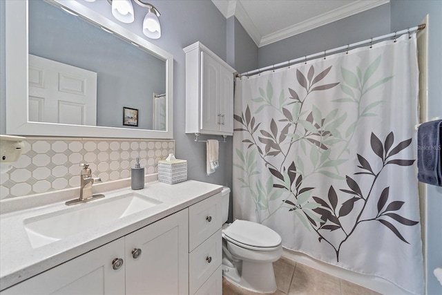 12322 Tall Pines Way, Lakewood Ranch, FL 34202 - bathroom with crown molding, tasteful backsplash, vanity, toilet, and tile patterned flooring