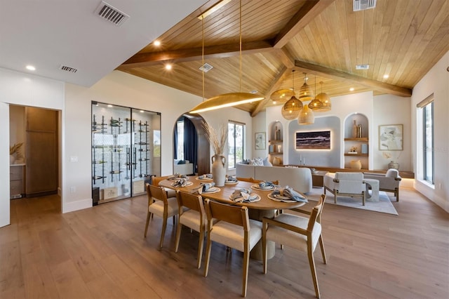 401 39th St, Holmes Beach, FL 34217 - dining area featuring a chandelier, wooden ceiling, hardwood / wood-style floors, baseboards, and built in shelves