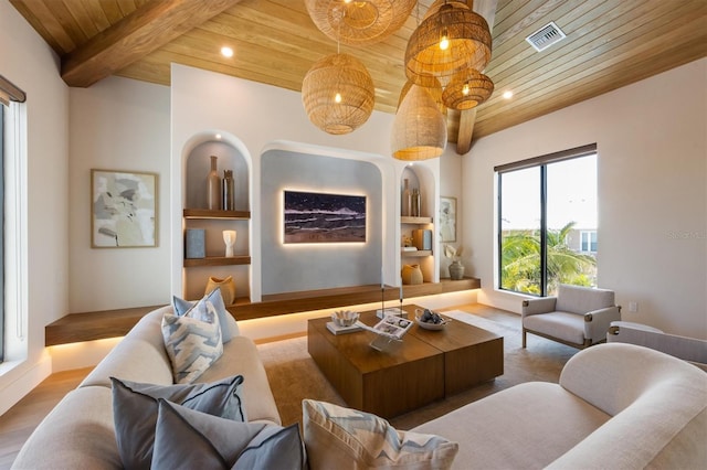 401 39th St, Holmes Beach, FL 34217 - living area featuring wood ceiling, built in features, recessed lighting, and wood finished floors