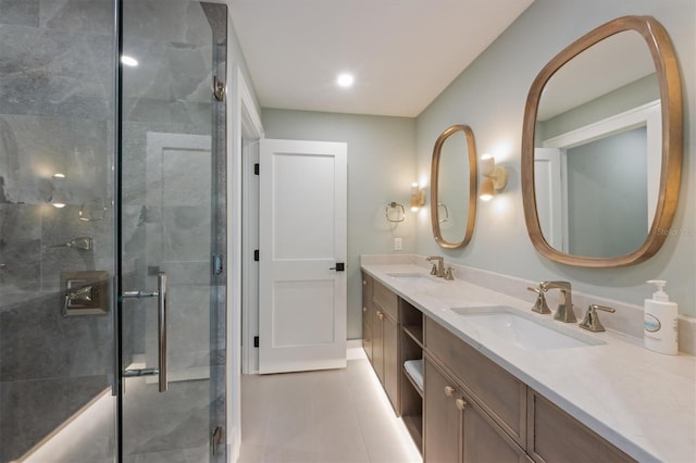 401 39th St, Holmes Beach, FL 34217 - bathroom featuring double vanity, a stall shower, and recessed lighting