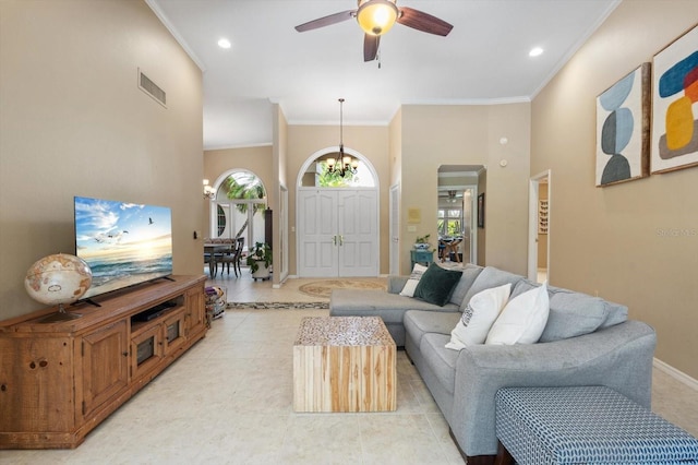7321 Hemlock Ln, Sarasota, FL 34241 - living room featuring a chandelier, ornamental molding, ceiling fan, baseboards, and recessed lighting
