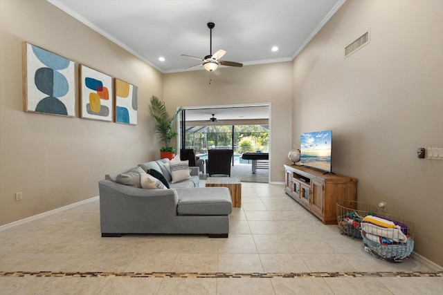 7321 Hemlock Ln, Sarasota, FL 34241 - living room with ceiling fan, light tile patterned floors, crown molding, baseboards, and recessed lighting
