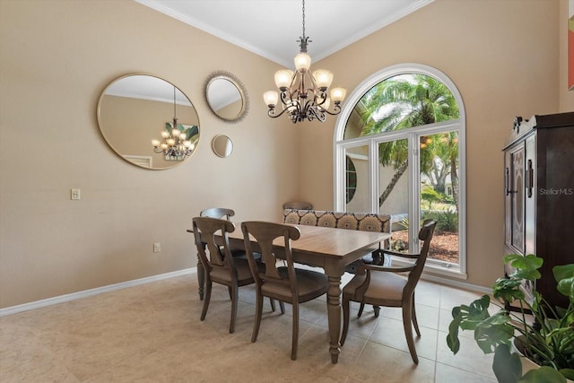 7321 Hemlock Ln, Sarasota, FL 34241 - dining room featuring a chandelier, healthy amount of natural light, baseboards, crown molding, and light tile patterned floors