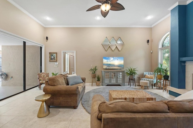 7321 Hemlock Ln, Sarasota, FL 34241 - living area with a ceiling fan, crown molding, light tile patterned floors, and recessed lighting