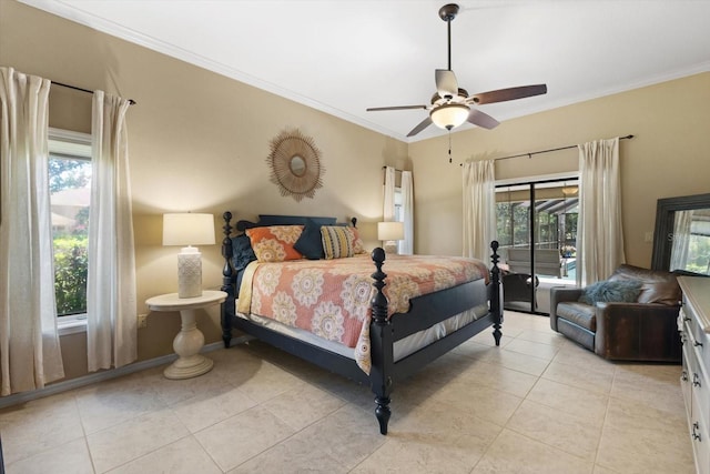 7321 Hemlock Ln, Sarasota, FL 34241 - bedroom featuring multiple windows, light tile patterned floors, crown molding, and ceiling fan