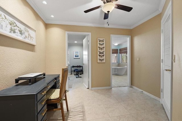 7321 Hemlock Ln, Sarasota, FL 34241 - office area with ornamental molding, a ceiling fan, recessed lighting, light tile patterned floors, and baseboards
