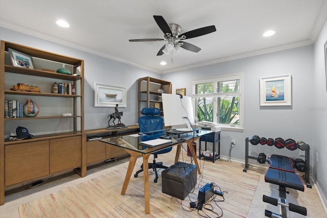 7321 Hemlock Ln, Sarasota, FL 34241 - home office with recessed lighting, ceiling fan, baseboards, and crown molding