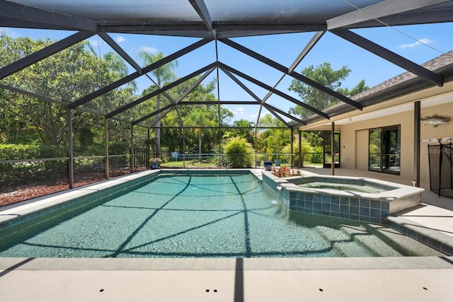 7321 Hemlock Ln, Sarasota, FL 34241 - view of pool featuring a pool with connected hot tub, glass enclosure, and a patio