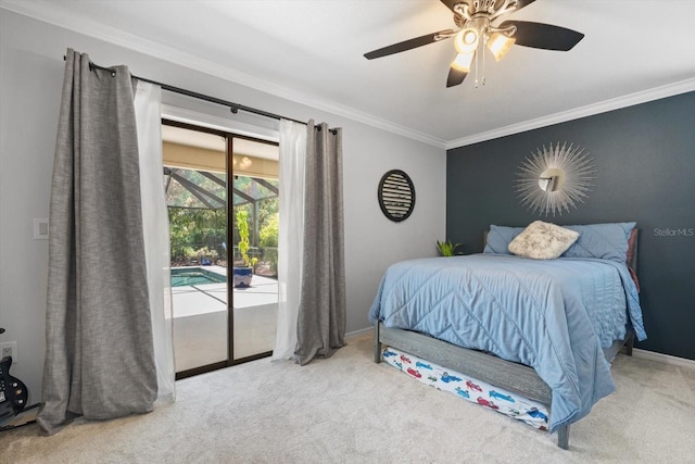 7321 Hemlock Ln, Sarasota, FL 34241 - carpeted bedroom with access to exterior, ornamental molding, a ceiling fan, and baseboards