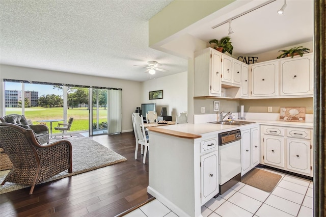 3820 Ironwood Ln Unit 104-I, Bradenton, FL 34209 - kitchen with open floor plan, a sink, dishwasher, rail lighting, and white cabinetry