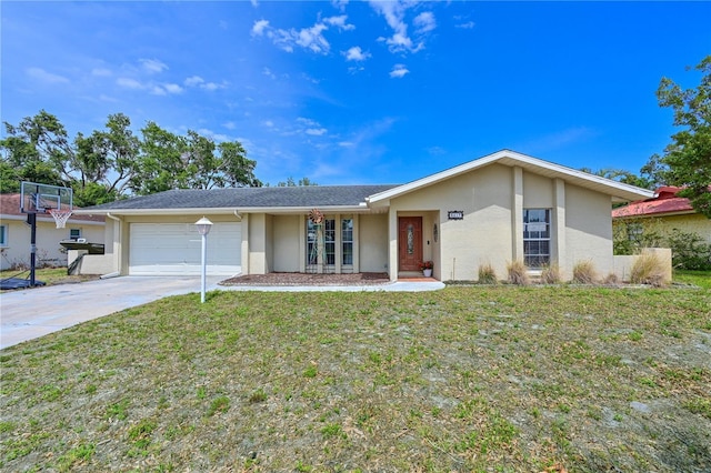 3417 49th St W, Bradenton, FL 34209 - ranch-style house featuring stucco siding, a garage, concrete driveway, and a front lawn