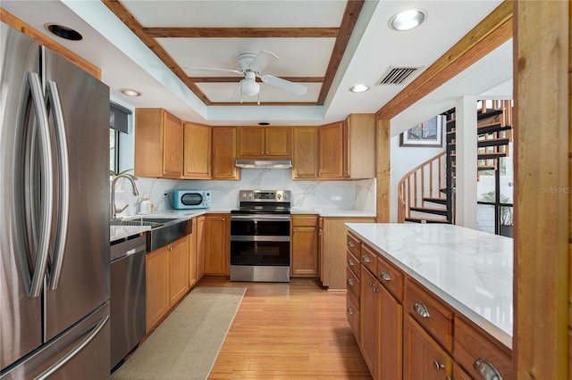 7251 Fish Farm Rd, Palmetto, FL 34221 - kitchen with appliances with stainless steel finishes, under cabinet range hood, a ceiling fan, light wood-style flooring, and a sink