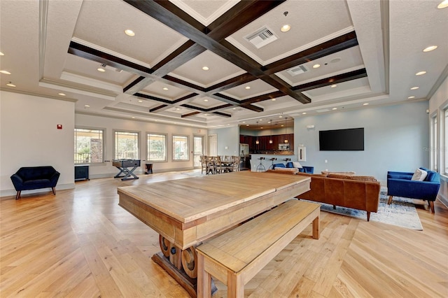 11254 82nd St E, Parrish, FL 34219 - dining room featuring light wood-type flooring, beamed ceiling, coffered ceiling, ornamental molding, and recessed lighting