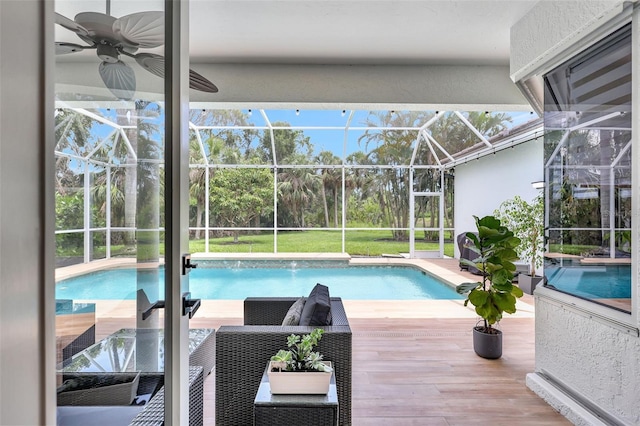 5285 Far Oak Cir, Sarasota, FL 34238 - outdoor pool with a wooden deck and glass enclosure