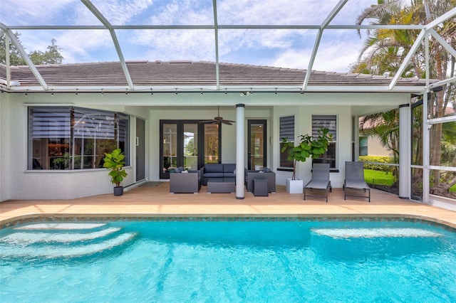 5285 Far Oak Cir, Sarasota, FL 34238 - outdoor pool with outdoor lounge area, a lanai, and ceiling fan