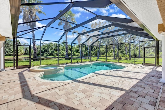 15006 21st Ave E, Bradenton, FL 34212 - view of pool featuring a patio area, glass enclosure, view of wooded area, and a pool with connected hot tub