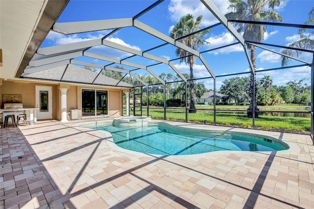 15006 21st Ave E, Bradenton, FL 34212 - view of pool with a patio area, glass enclosure, a pool with connected hot tub, and a grill