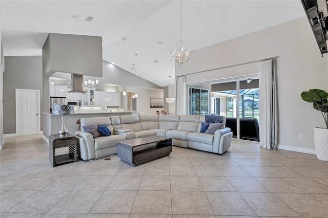 15006 21st Ave E, Bradenton, FL 34212 - living area featuring a chandelier, high vaulted ceiling, light tile patterned floors, and baseboards