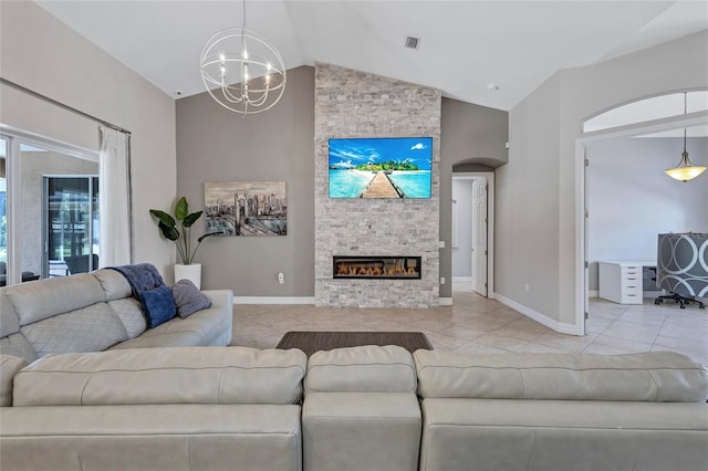15006 21st Ave E, Bradenton, FL 34212 - living area with a chandelier, high vaulted ceiling, tile patterned floors, baseboards, and a fireplace