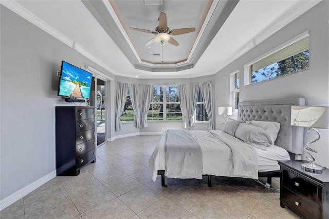 15006 21st Ave E, Bradenton, FL 34212 - bedroom featuring ornamental molding, light tile patterned floors, a raised ceiling, baseboards, and a ceiling fan
