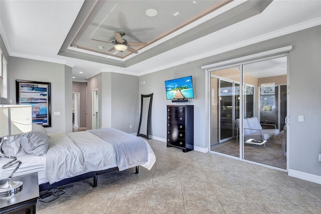 15006 21st Ave E, Bradenton, FL 34212 - bedroom featuring a raised ceiling, ornamental molding, tile patterned flooring, baseboards, and ceiling fan