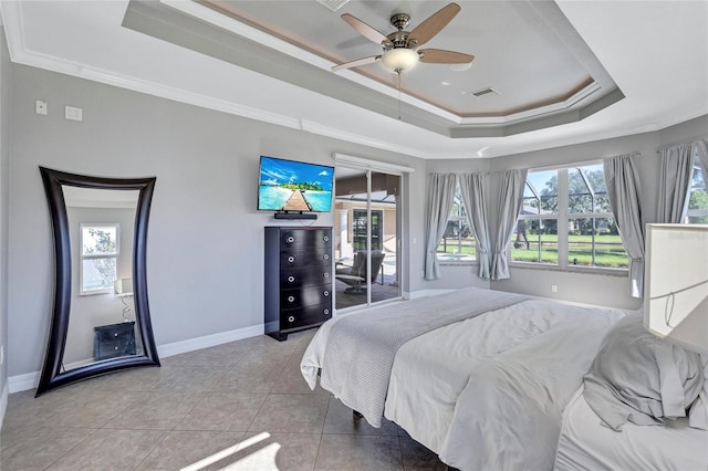 15006 21st Ave E, Bradenton, FL 34212 - tiled bedroom with a raised ceiling, access to outside, baseboards, ornamental molding, and a ceiling fan
