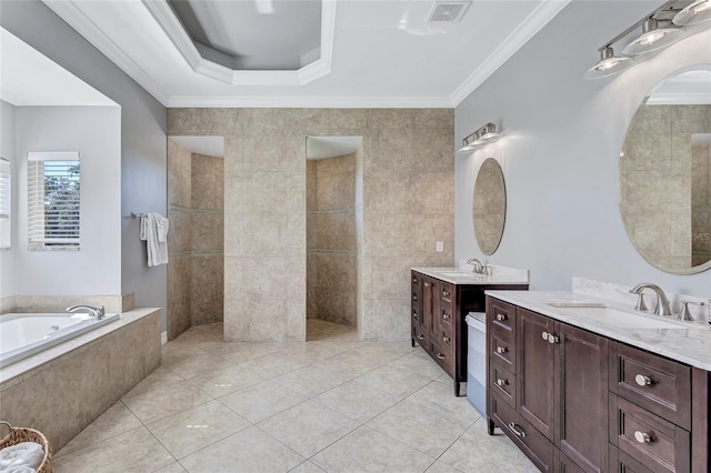 15006 21st Ave E, Bradenton, FL 34212 - full bath with tile patterned flooring, a bath, two vanities, a walk in shower, and ornamental molding