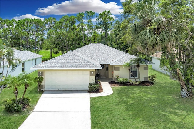 4811 69th Ct E, Palmetto, FL 34221 - single story home with roof with shingles, stucco siding, driveway, an attached garage, and a front yard