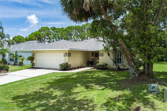 4811 69th Ct E, Palmetto, FL 34221 - single story home with stucco siding, a garage, concrete driveway, and a front lawn