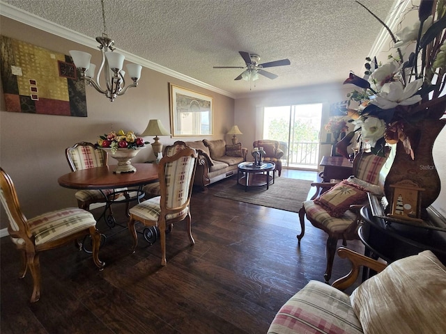 3917 Lake Bayshore Dr Unit F-307, Bradenton, FL 34205 - dining room featuring wood finished floors, ornamental molding, a chandelier, a textured ceiling, and ceiling fan