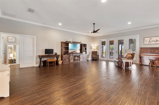 2350 Virgil Hall Rd, Lithia, FL 33547 - living room featuring ornamental molding, ceiling fan, french doors, wood finished floors, and recessed lighting
