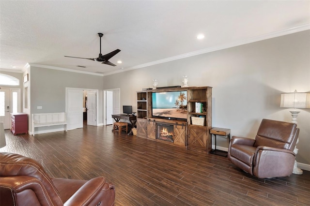 2350 Virgil Hall Rd, Lithia, FL 33547 - living area with wood finished floors, ceiling fan, recessed lighting, crown molding, and baseboards