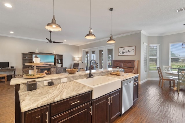 2350 Virgil Hall Rd, Lithia, FL 33547 - kitchen featuring dishwasher, a sink, dark wood finished floors, dark brown cabinets, and a ceiling fan